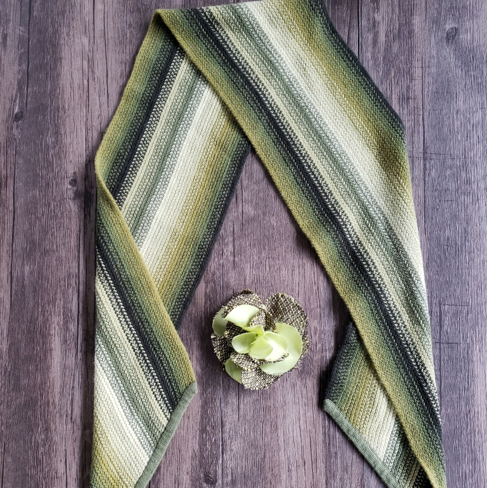 GREEN×CREAM CASHMERE  SCARF+SILK FLOWER PIN